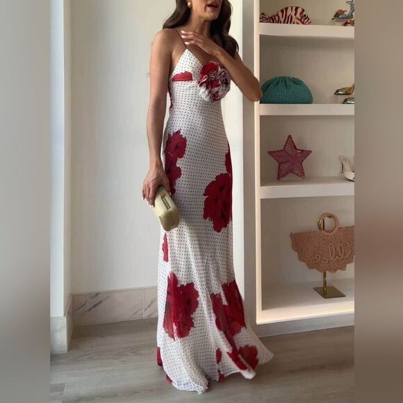 NWT Zara FLORAL PRINT LONG DRESS Polka Dot White And Red Flower - Picture 10 of 16